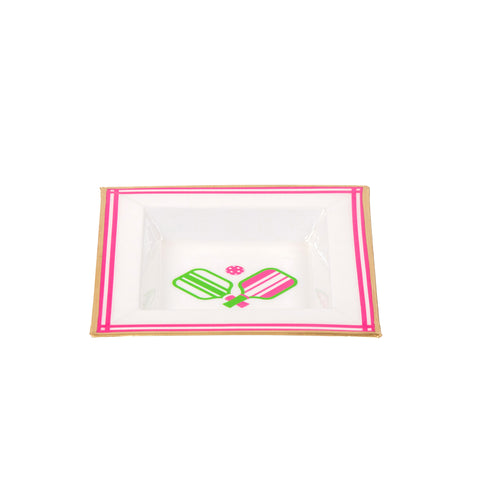 Enameled White and Pink Square Tori Trinket Decorative Tray For Garden Party and Home Decor - 6 in x 6 in x 1 in - The Pickleball Collection