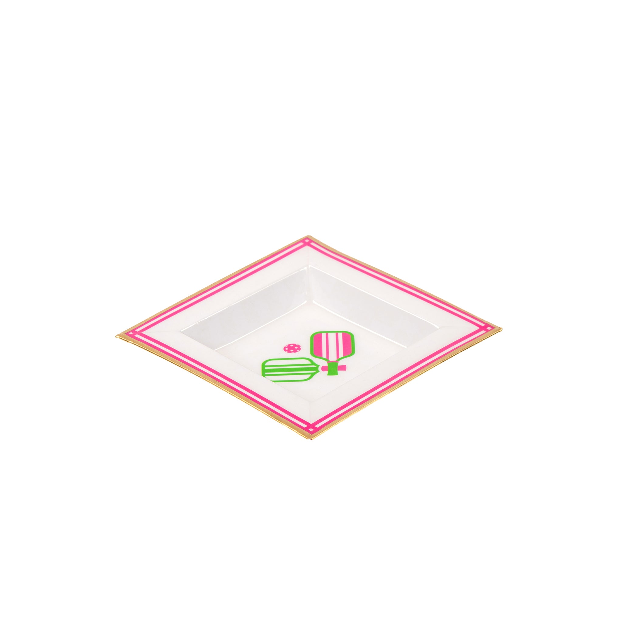 Enameled White and Pink Square Tori Trinket Decorative Tray For Garden Party and Home Decor - 6 in x 6 in x 1 in - The Pickleball Collection