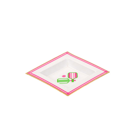 Enameled White and Pink Square Tori Trinket Decorative Tray For Garden Party and Home Decor - 6 in x 6 in x 1 in - The Pickleball Collection