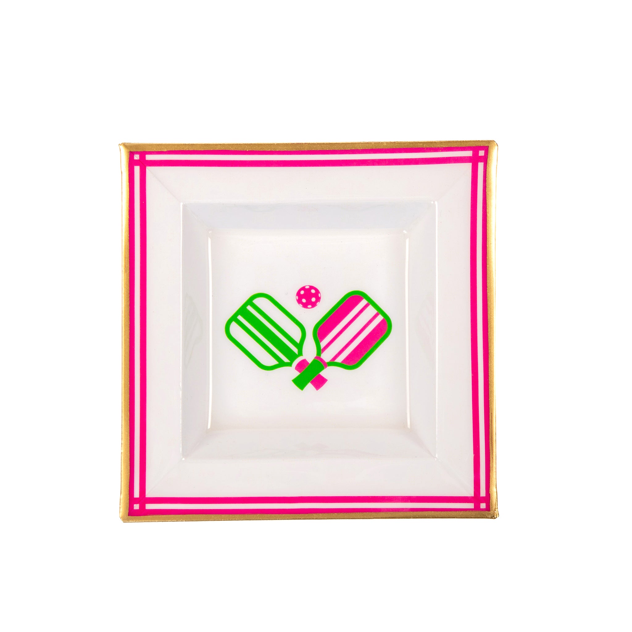 Enameled White and Pink Square Tori Trinket Decorative Tray For Garden Party and Home Decor - 6 in x 6 in x 1 in - The Pickleball Collection