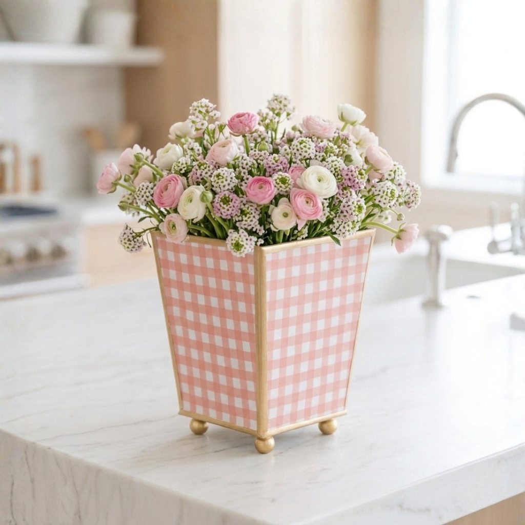 Gingham Enameled Square Cachepot Planter
