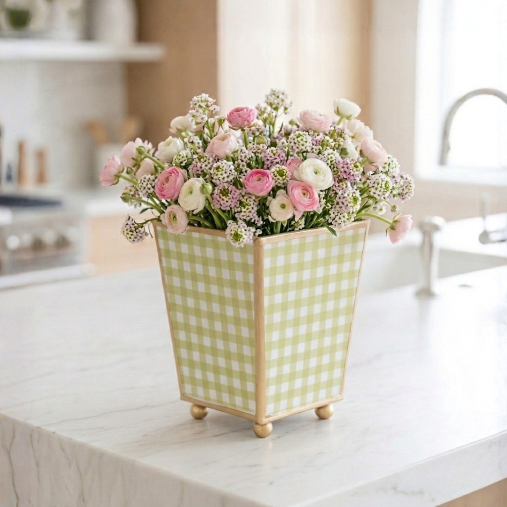 Gingham Enameled Square Cachepot Planter