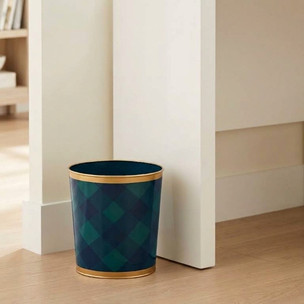 Sussex Plaid Enameled Oval Wastebasket - Avail 10/01