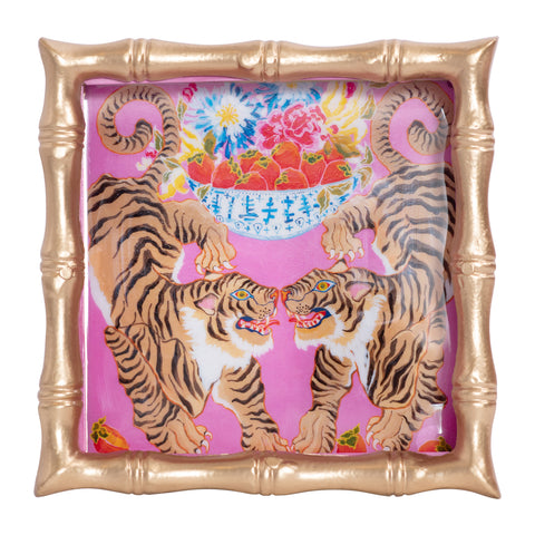 Enameled Pink Square Chang Mai Vanity Decorative Tray For Garden Party and Home Decor - 8 in x 8 in - The Tigers Collection