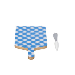 Checkered Ikat Enameled Blue, Light Blue Charcuterie Board, Wooden Cutting Board, Serving and Chopping Board for Food & Meat Prep