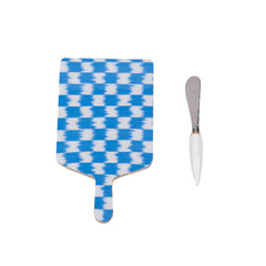 Checkered Ikat Enameled Blue, Light Blue Charcuterie Board, Wooden Cutting Board, Serving and Chopping Board for Food & Meat Prep