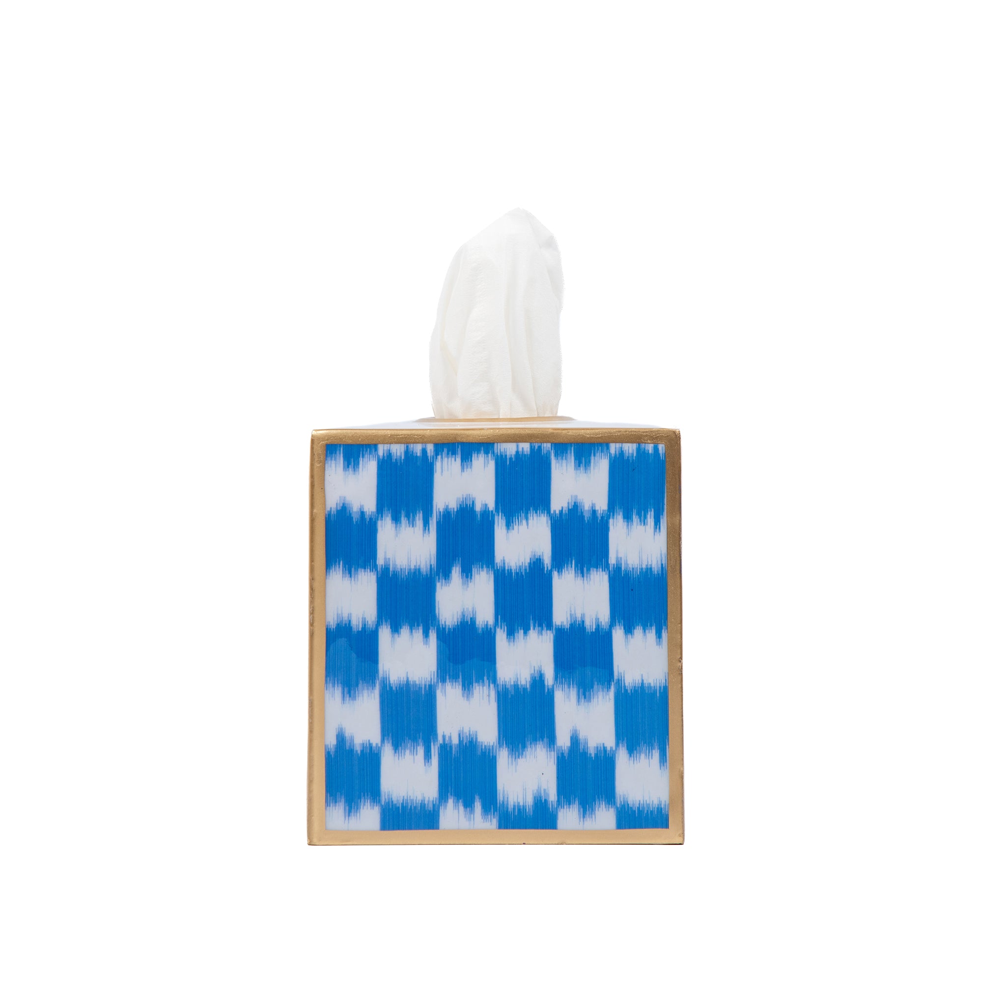 Enameled Blue / Light Blue Square Tissue Box Cover for Bathroom / Bedroom / Living room  - 6 in x 5 in x 5 in - The Checkered Ikat Collection - Avail 06/24