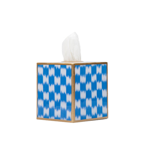 Enameled Blue / Light Blue Square Tissue Box Cover for Bathroom / Bedroom / Living room  - 6 in x 5 in x 5 in - The Checkered Ikat Collection - Avail 06/24