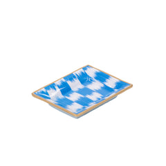 Checkered Ikat Blue Enameled Rectangle Catch All Tray, Jewelry Tray for Bathroom, Vanity - Decorative Landry Tray