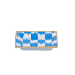Checkered Ikat Blue Enameled Rectangle Catch All Tray, Jewelry Tray for Bathroom, Vanity - Decorative Landry Tray