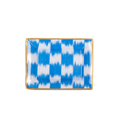 Checkered Ikat Blue Enameled Rectangle Catch All Tray, Jewelry Tray for Bathroom, Vanity - Decorative Landry Tray