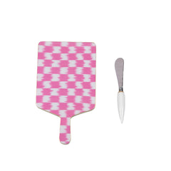 Checkered Ikat Enameled Pink Charcuterie Board, Wooden Cutting Board, Serving and Chopping Board for Food & Meat Prep