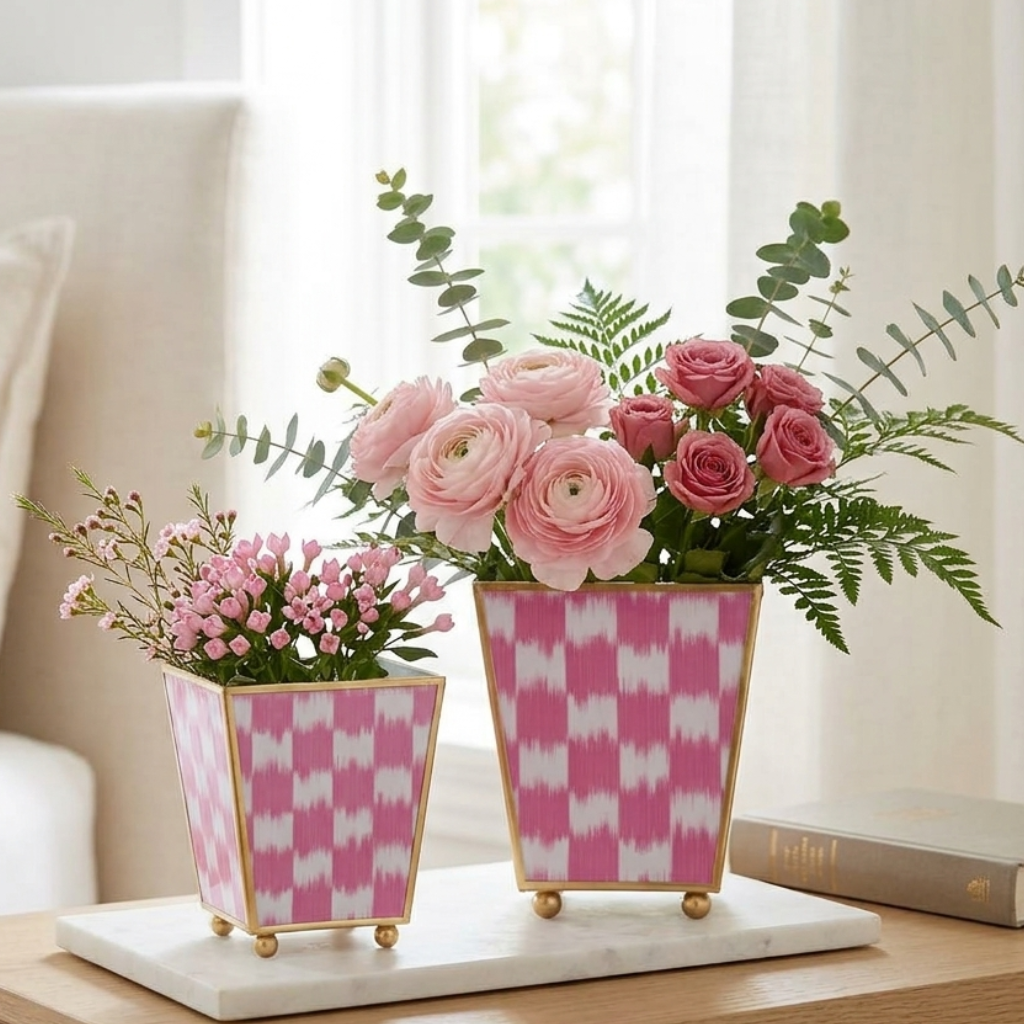 Checkered Ikat Enameled Square Cachepot Planter