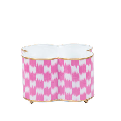 Enameled Pink Quatrefoil Cachepot For Bedroom / Office / Kitchen / Living Room  - Metal Construction 6 in x 6 in x 12 in - The Checkered Ikat Collection - Avail 06/24