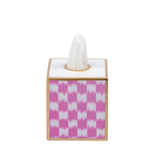 Checkered Ikat Enameled Pink Square Metal Tissue Box Cover for Bathroom, Vanity, Bedroom, Home Office