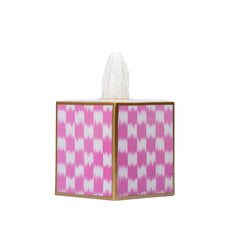 Checkered Ikat Enameled Pink Square Metal Tissue Box Cover for Bathroom, Vanity, Bedroom, Home Office