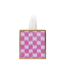 Checkered Ikat Enameled Pink Square Metal Tissue Box Cover for Bathroom, Vanity, Bedroom, Home Office