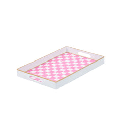 Checkered Ikat Pink Rectangle Decorative Serving Tray - for Kitchen, Barware, Vanity