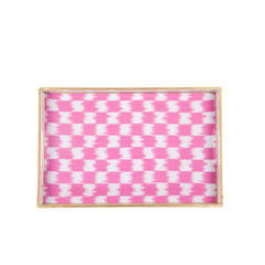 Checkered Ikat Pink Rectangle Decorative Serving Tray - for Kitchen, Barware, Vanity