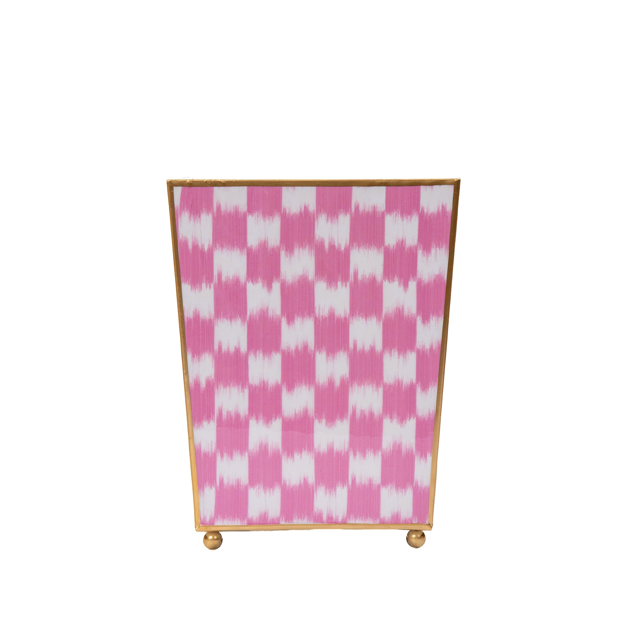 Enamaled Pink Wastebasket / Trash Can / Dustbin for Bathroom / Home Office / Bedroom / Vanity - Square without Lid  - 9 in x 9 in x 12 in - The Checkered Ikat Collection - Avail 05/31