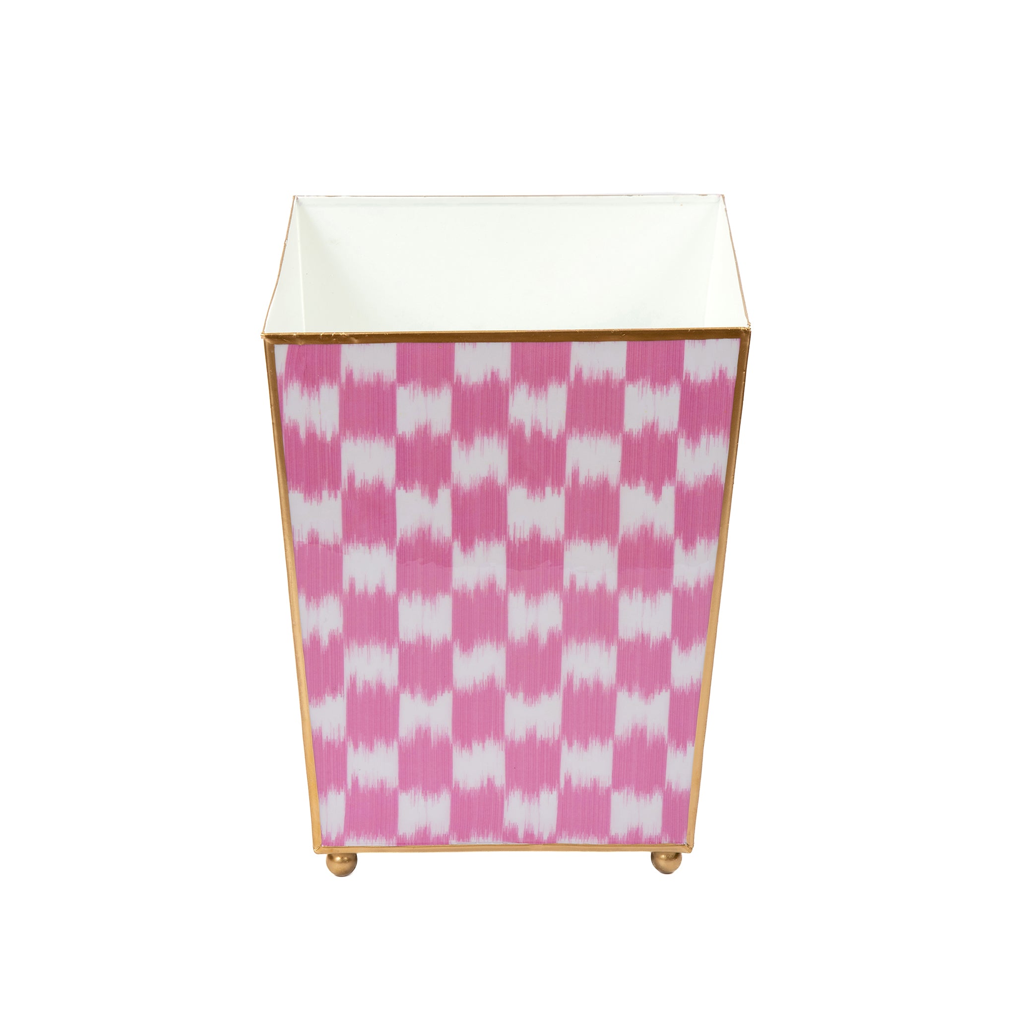 Enamaled Pink Wastebasket / Trash Can / Dustbin for Bathroom / Home Office / Bedroom / Vanity - Square without Lid  - 9 in x 9 in x 12 in - The Checkered Ikat Collection - Avail 05/31