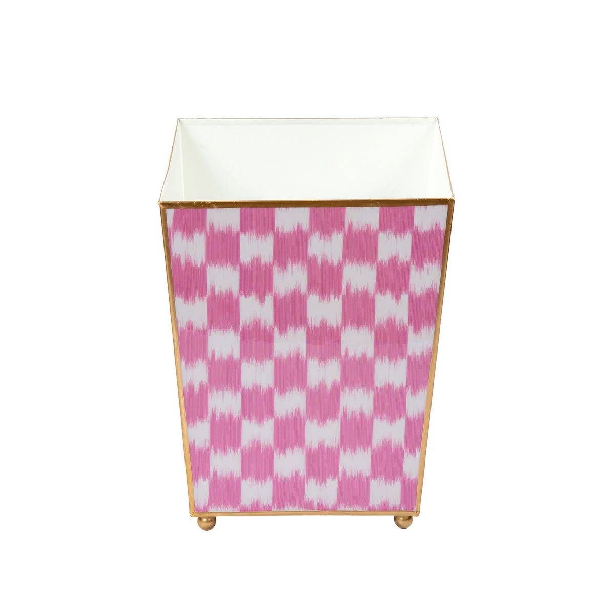 Enamaled Pink Wastebasket / Trash Can / Dustbin for Bathroom / Home Office / Bedroom / Vanity - Square without Lid  - 9 in x 9 in x 12 in - The Checkered Ikat Collection - Avail 05/31