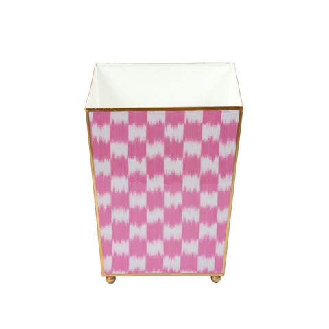 Enamaled Pink Wastebasket / Trash Can / Dustbin for Bathroom / Home Office / Bedroom / Vanity - Square without Lid  - 9 in x 9 in x 12 in - The Checkered Ikat Collection - Avail 05/31