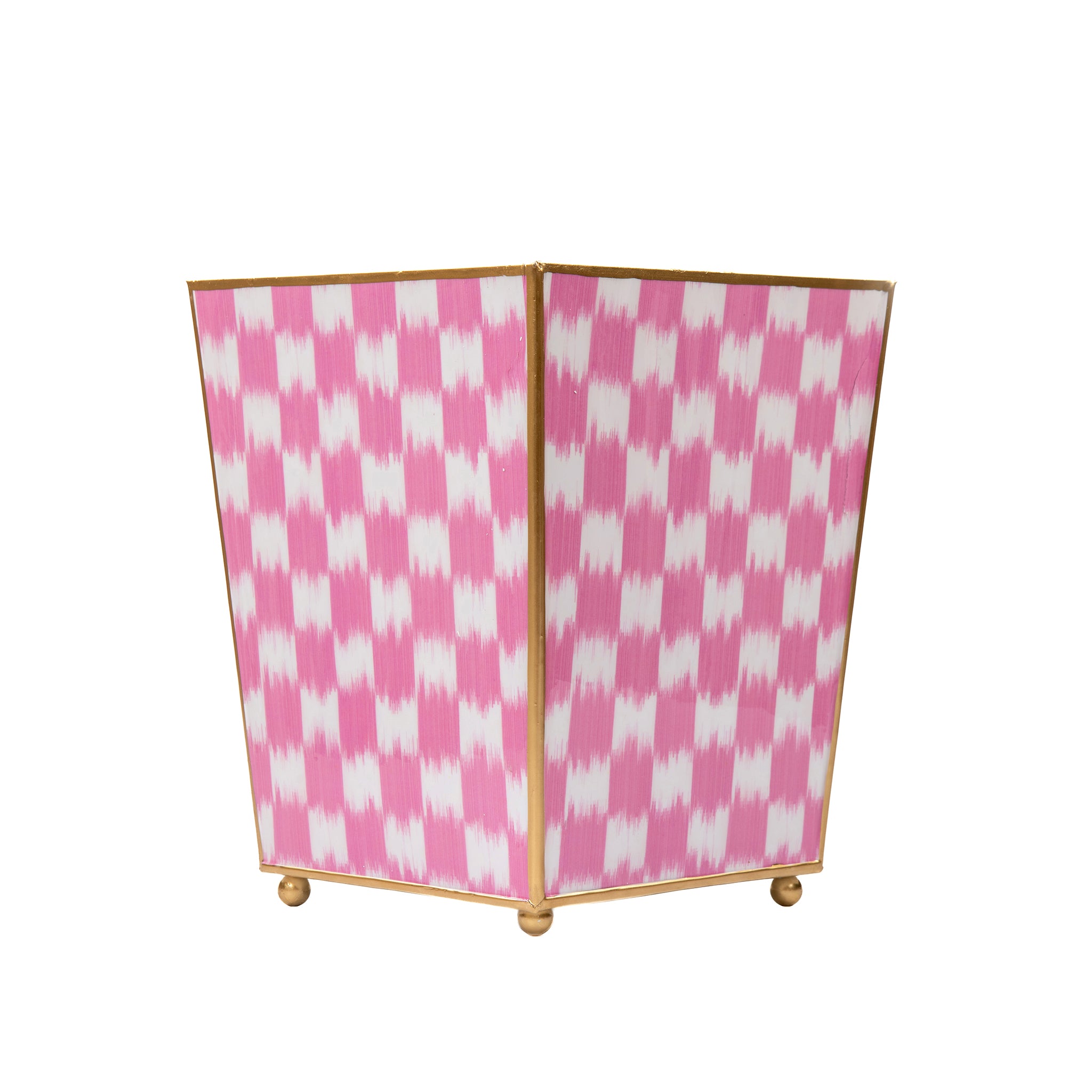 Enamaled Pink Wastebasket / Trash Can / Dustbin for Bathroom / Home Office / Bedroom / Vanity - Square without Lid  - 9 in x 9 in x 12 in - The Checkered Ikat Collection - Avail 05/31