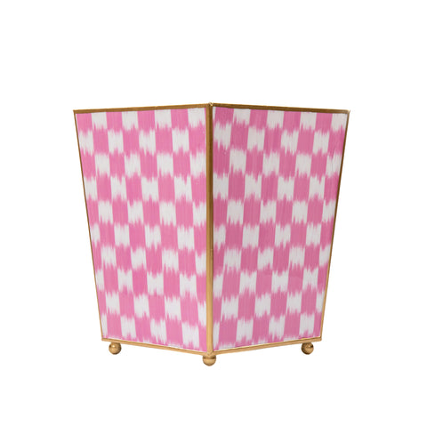 Enamaled Pink Wastebasket / Trash Can / Dustbin for Bathroom / Home Office / Bedroom / Vanity - Square without Lid  - 9 in x 9 in x 12 in - The Checkered Ikat Collection - Avail 05/31