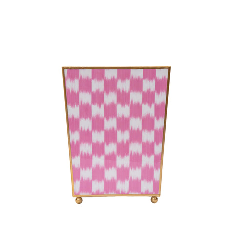 Enamaled Pink Wastebasket / Trash Can / Dustbin for Bathroom / Home Office / Bedroom / Vanity - Square without Lid  - 9 in x 9 in x 12 in - The Checkered Ikat Collection - Avail 05/31