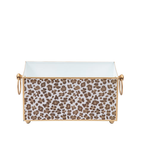 Enameled Cream and Brown Rectangular Cachepot For Bedroom / Office / Kitchen / Living Room  - Metal Construction 6 in x 6 in x 12 in - The Cream Leopard Collection - Avail 06/18