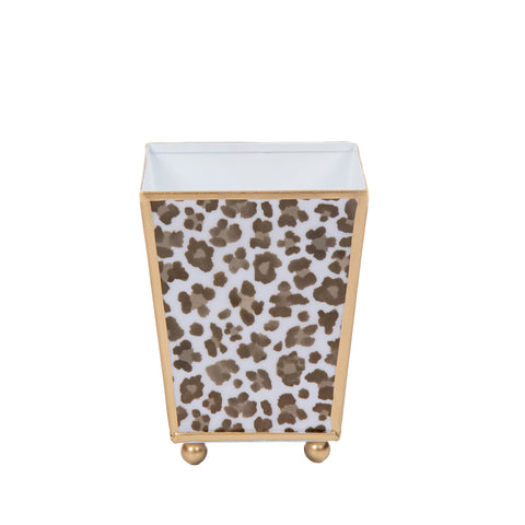 Enameled Cream and Brown Square Cachepot For Bedroom / Office / Kitchen / Living Room  - Metal Construction  - The Cream Leopard Collection - Avail 06/18
