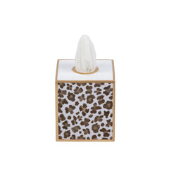Leopard Enameled Cream Square Metal Tissue Box Cover for Bathroom, Vanity, Bedroom, Home Office