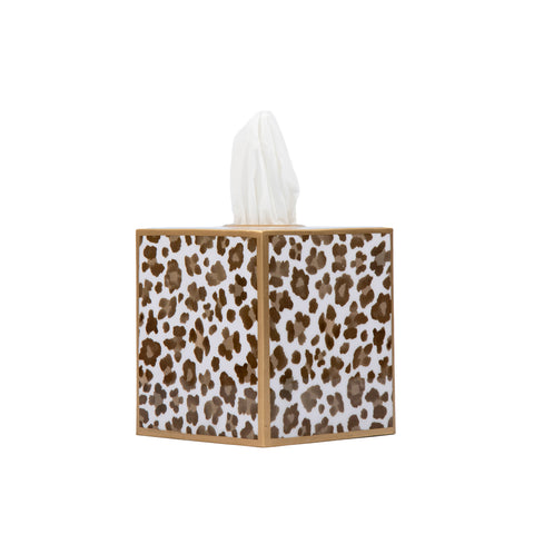Enameled Cream and Brown Square Tissue Box Cover for Bathroom / Bedroom / Living room  - 6 in x 5 in x 5 in - The Cream Leopard Collection - Avail 06/24
