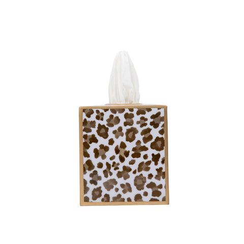 Enameled Cream and Brown Square Tissue Box Cover for Bathroom / Bedroom / Living room  - 6 in x 5 in x 5 in - The Cream Leopard Collection - Avail 06/24