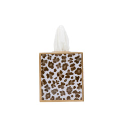Leopard Enameled Cream Square Metal Tissue Box Cover for Bathroom, Vanity, Bedroom, Home Office