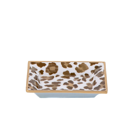 Enameled Cream and Brown Rectangle Landry Decorative Tray For Garden Party and Home Decor - 4 in x 5 in x 1 in - The Cream Leopard Collection - Avail 06/18
