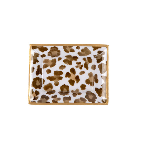 Enameled Cream and Brown Rectangle Landry Decorative Tray For Garden Party and Home Decor - 4 in x 5 in x 1 in - The Cream Leopard Collection - Avail 06/18