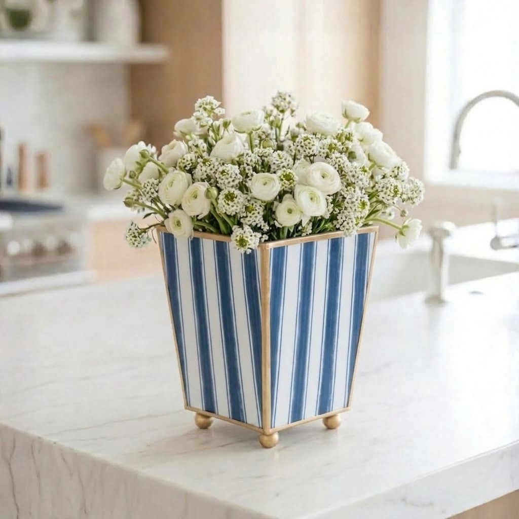 Brush Stripe Enameled Square Cachepot Planter - Avail 10/01