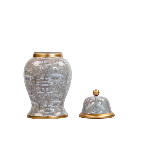 Kyoto Pagoda Enameled Ginger Jar - Large - Taupe & White - Avail 11/11