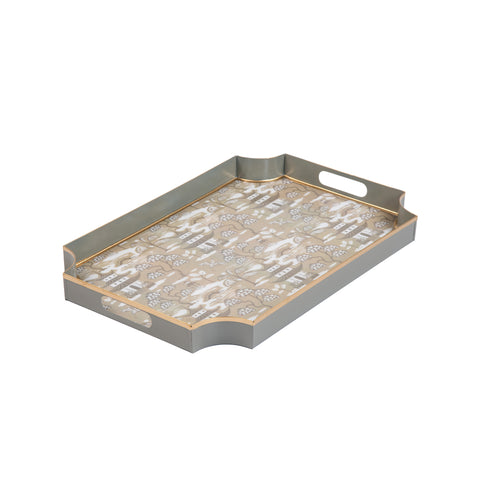 Kyoto Pagoda Enameled Jaye Tray - Taupe & White - Avail 11/27