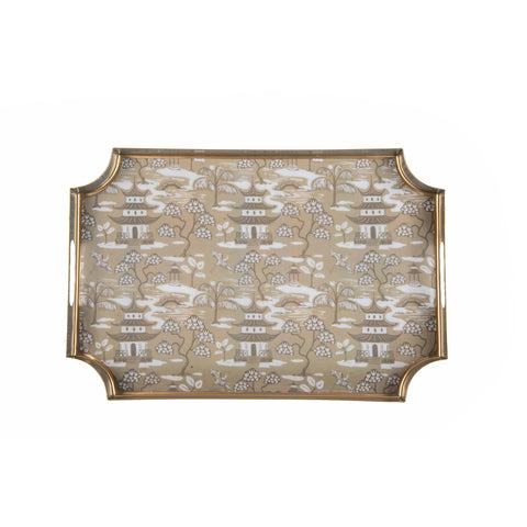 Kyoto Pagoda Enameled Jaye Tray - Taupe & White - Avail 11/27