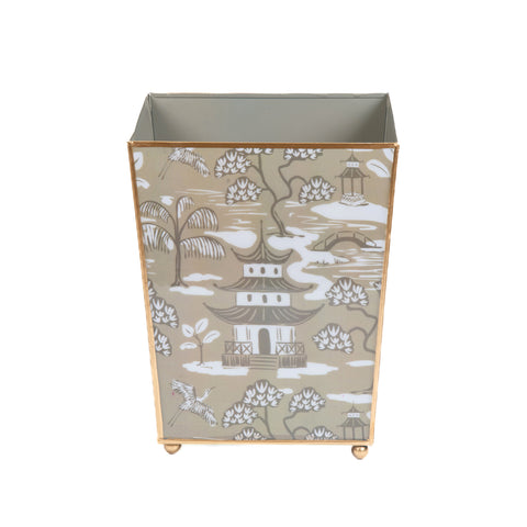 Kyoto Pagoda Enameled Square Wastebasket - Taupe & White - Avail 11/11