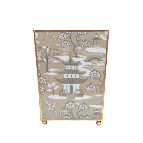 Kyoto Pagoda Enameled Square Wastebasket - Taupe & White - Avail 11/11