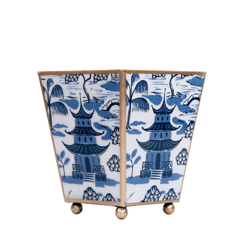 Kyoto Pagoda Enameled Square Cachepot Planter - White & Blue