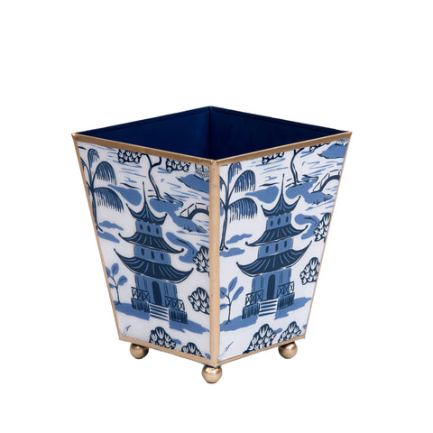 Kyoto Pagoda Enameled Square Cachepot Planter - White & Blue