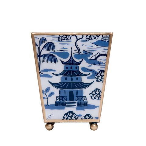 Kyoto Pagoda Enameled Square Cachepot Planter - White & Blue