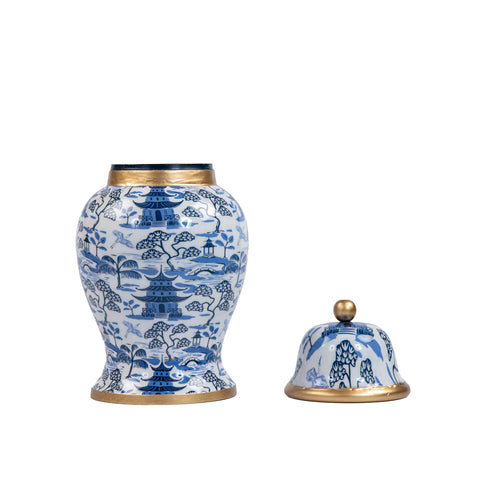 Kyoto Pagoda Enameled Ginger Jar - Large - White & Blue - Avail 11/11