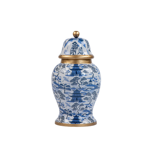 Kyoto Pagoda Enameled Ginger Jar - Large - White & Blue - Avail 11/11