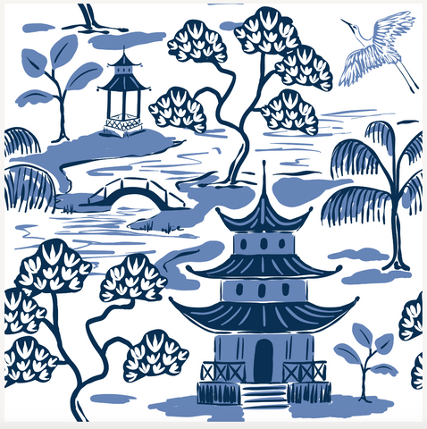 Kyoto Pagoda Enameled Ginger Jar - Large - White & Blue - Avail 11/11